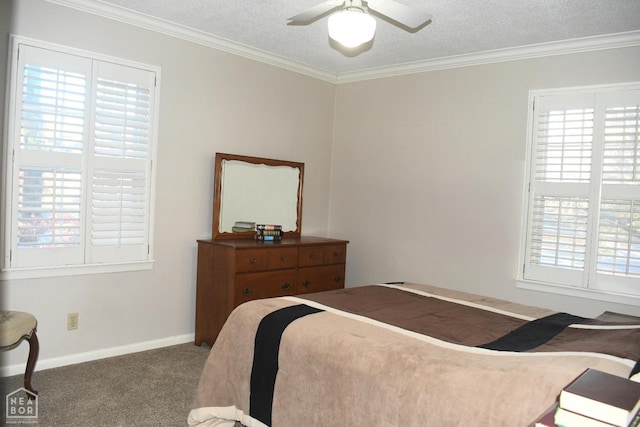 carpeted bedroom featuring a textured ceiling, ornamental molding, and multiple windows