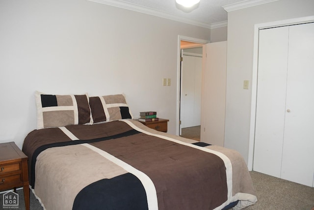 bedroom featuring a closet, ornamental molding, and carpet floors