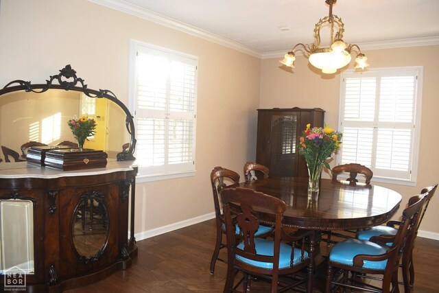 dining area with ornamental molding, a healthy amount of sunlight, and dark wood finished floors