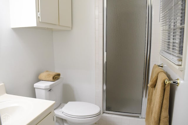 full bathroom featuring toilet, a stall shower, and vanity