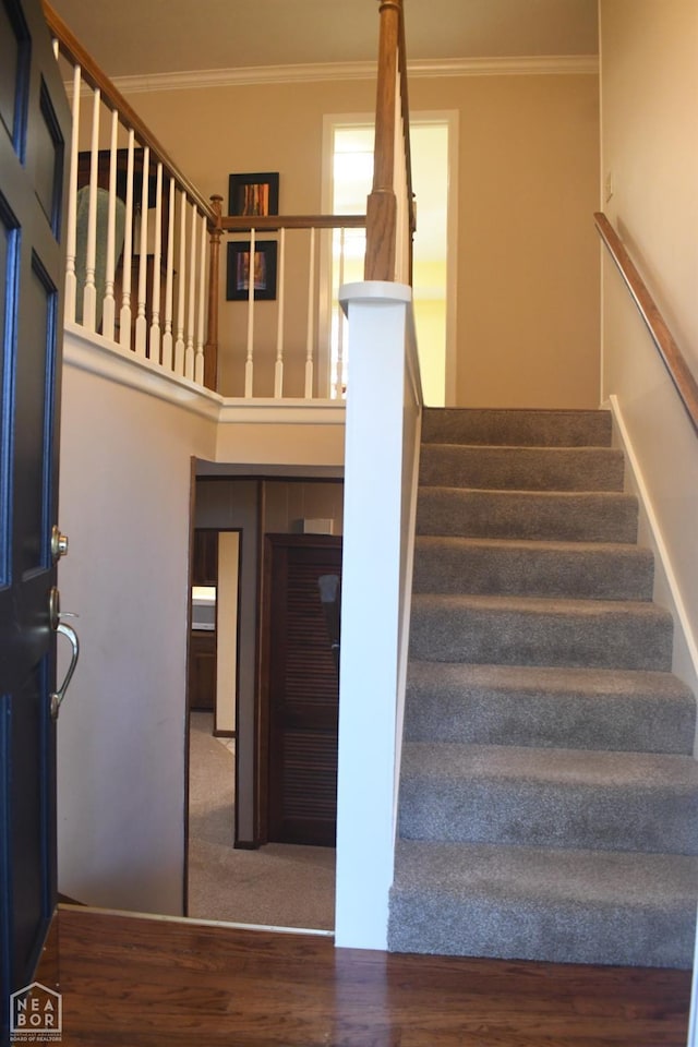 stairs with crown molding, a high ceiling, and wood finished floors
