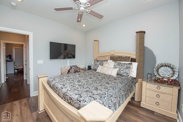 bedroom featuring a ceiling fan, baseboards, recessed lighting, and dark wood finished floors