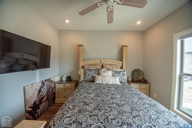 bedroom featuring recessed lighting, dark wood-type flooring, multiple windows, and ceiling fan
