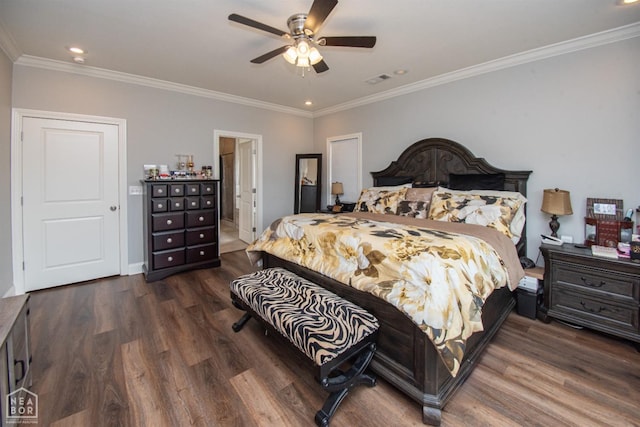 bedroom with ornamental molding, recessed lighting, visible vents, and dark wood-style floors