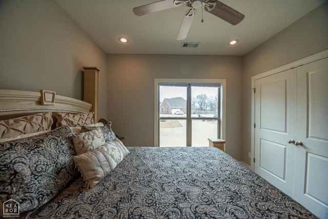 bedroom featuring visible vents, recessed lighting, and a ceiling fan
