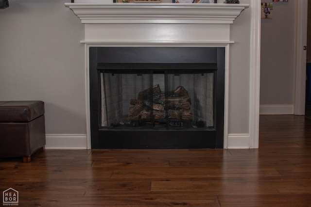 interior details featuring baseboards, wood finished floors, and a fireplace