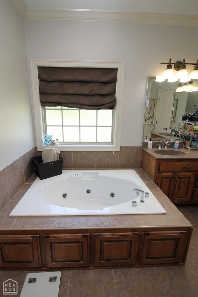 2 Abigail Cv, Paragould, AR 72450 - bathroom with a whirlpool tub, vanity, crown molding, and tile patterned floors