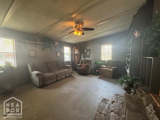 living room with ceiling fan, lofted ceiling, and plenty of natural light
