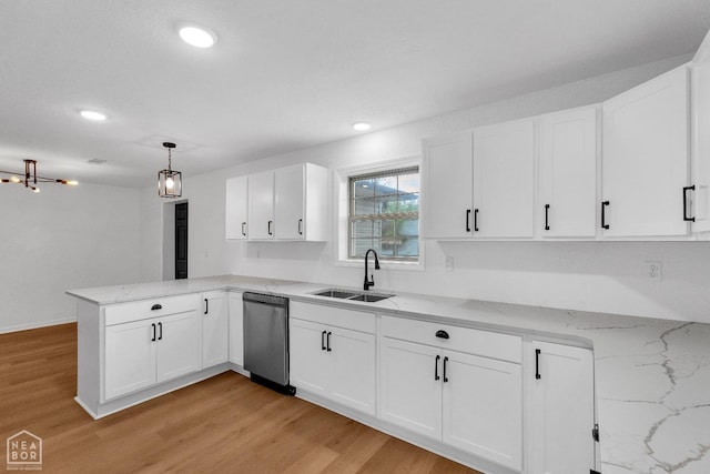 kitchen featuring a peninsula, white cabinetry, a sink, and dishwasher