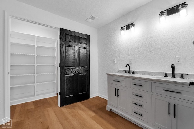 bathroom featuring a sink, a textured wall, and wood finished floors