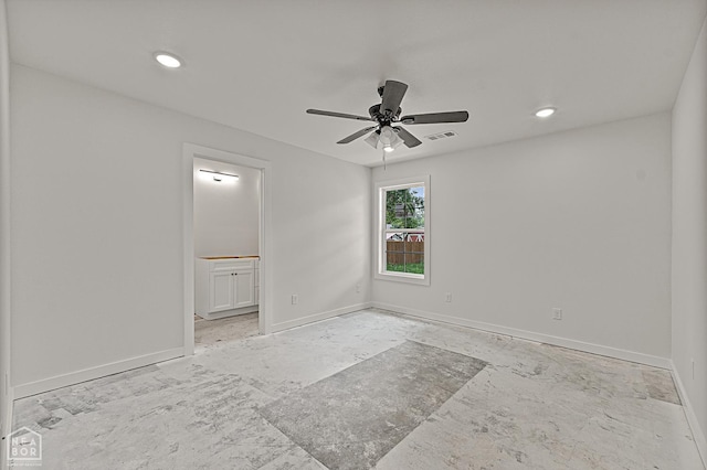 220 Stewart, Monette, AR 72447 - unfurnished bedroom with baseboards, connected bathroom, recessed lighting, and ceiling fan