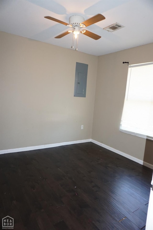 501 E Allen Dr, Jonesboro, AR 72401 - unfurnished room with electric panel, baseboards, dark wood finished floors, and ceiling fan