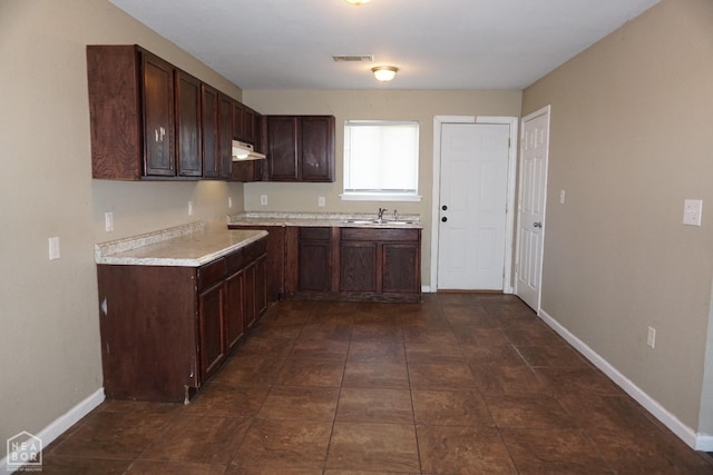 501 E Allen Dr, Jonesboro, AR 72401 - kitchen with a sink, light countertops, baseboards, dark brown cabinets, and under cabinet range hood