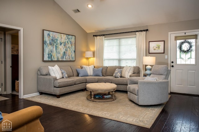 321 Crestfield Dr, Jonesboro, AR 72404 - living room with dark wood-style floors, high vaulted ceiling, and recessed lighting