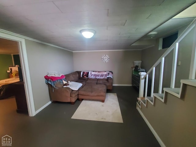 691 Crestline Dr, Piggott, AR 72454 - living room featuring stairs and crown molding