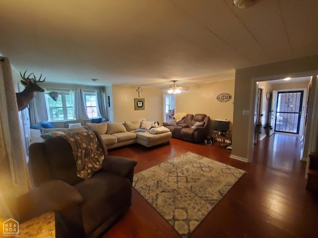 691 Crestline Dr, Piggott, AR 72454 - living room featuring wood finished floors and ceiling fan