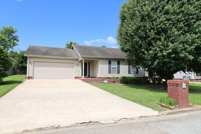 single story home featuring a front lawn, concrete driveway, an attached garage, and a shingled roof