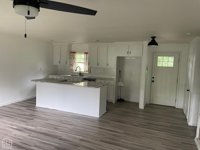 kitchen featuring white cabinets, a sink, baseboards, wood finished floors, and tasteful backsplash