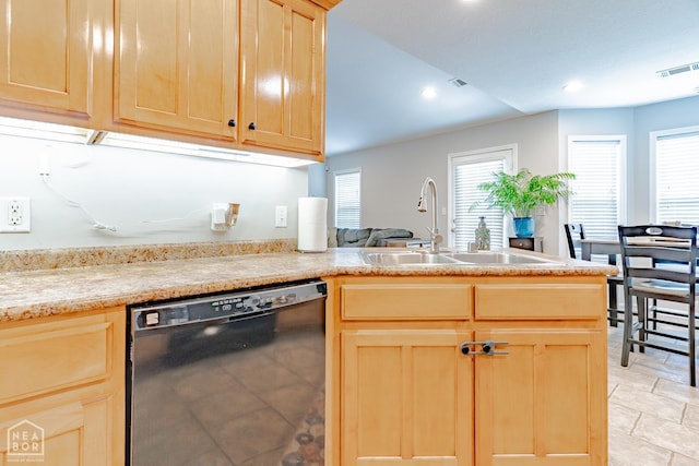 1409 Hemingway Cir, Jonesboro, AR 72405 - kitchen featuring dishwasher, light brown cabinets, a sink, a peninsula, and recessed lighting