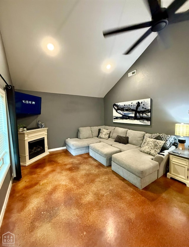 415 NW 3rd St, Walnut Ridge, AR 72476 - living area featuring vaulted ceiling, ceiling fan, baseboards, recessed lighting, and a fireplace