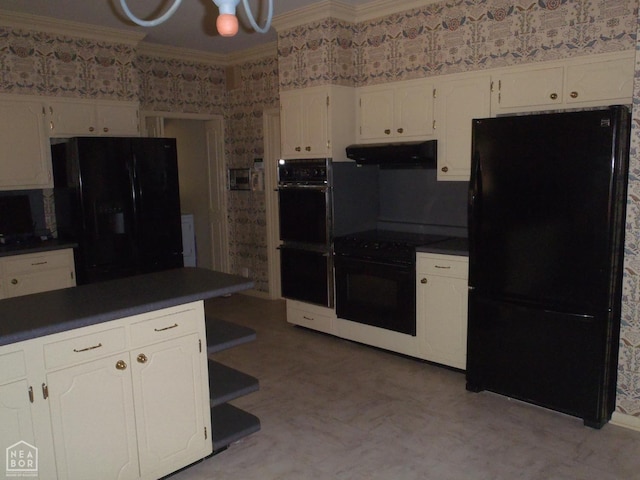 4 Virginia Rd, Newport, AR 72112 - kitchen featuring black appliances, under cabinet range hood, dark countertops, crown molding, and wallpapered walls