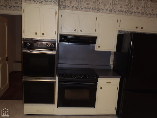 4 Virginia Rd, Newport, AR 72112 - kitchen featuring black appliances, extractor fan, white cabinetry, wallpapered walls, and dark countertops