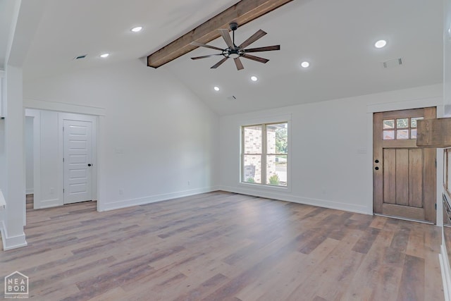 400 Gia St, Bono, AR 72416 - unfurnished living room featuring beam ceiling, a ceiling fan, light wood-type flooring, recessed lighting, and high vaulted ceiling
