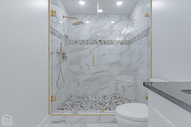 400 Gia St, Bono, AR 72416 - bathroom featuring marble finish flooring, vanity, a shower stall, and recessed lighting