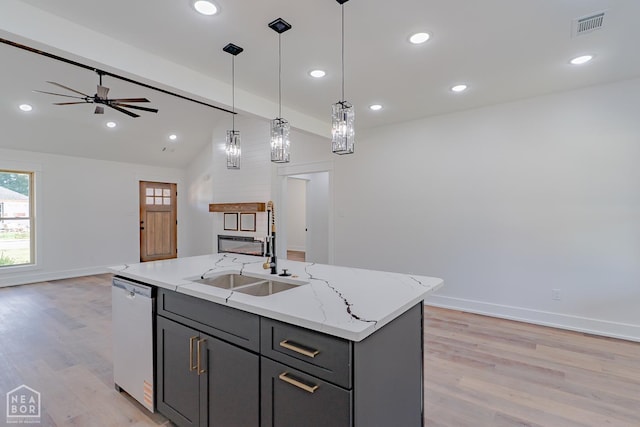 400 Gia St, Bono, AR 72416 - kitchen featuring dishwashing machine, open floor plan, light wood-style flooring, hanging light fixtures, and recessed lighting