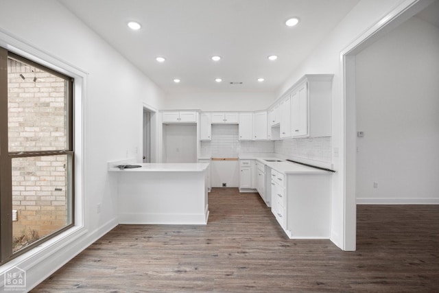 1816 N Oak, Brookland, AR 72417 - kitchen with wood finished floors, white cabinetry, recessed lighting, and backsplash