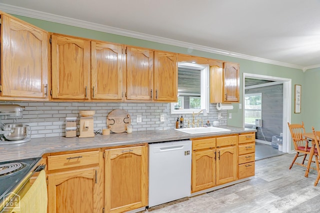 13326 Dixie Ln, Trumann, AR 72472 - kitchen featuring white dishwasher, crown molding, decorative backsplash, range with electric cooktop, and light countertops