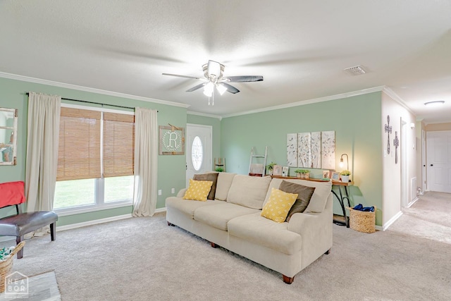13326 Dixie Ln, Trumann, AR 72472 - carpeted living area featuring crown molding, ceiling fan, and plenty of natural light