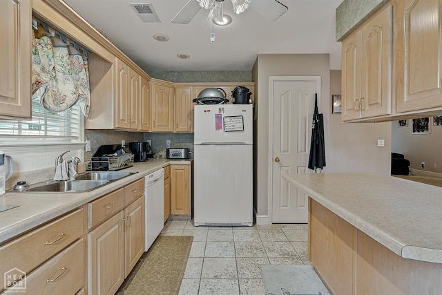 328 Natchez Dr, Jonesboro, AR 72404 - kitchen featuring white appliances, light brown cabinets, ceiling fan, and light countertops