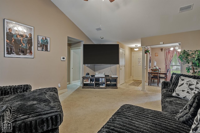 328 Natchez Dr, Jonesboro, AR 72404 - living room featuring light carpet, lofted ceiling, and ceiling fan