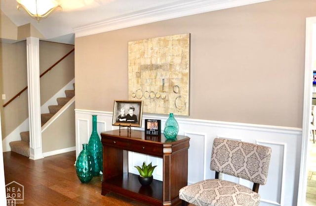 4105 Renee Dr, Jonesboro, AR 72404 - sitting room with wood finished floors, stairway, wainscoting, a decorative wall, and ornamental molding