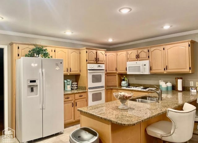 4105 Renee Dr, Jonesboro, AR 72404 - kitchen featuring white appliances, light brown cabinetry, a peninsula, crown molding, and recessed lighting