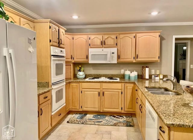 4105 Renee Dr, Jonesboro, AR 72404 - kitchen featuring white appliances, a sink, light brown cabinetry, ornamental molding, and light stone countertops