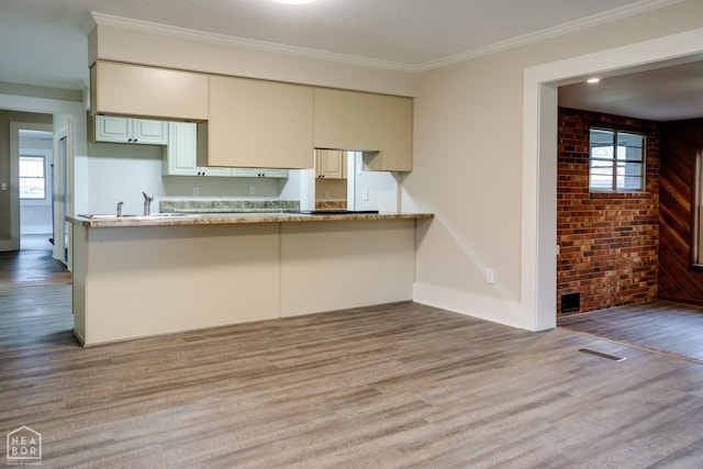 kitchen featuring brick wall, crown molding, visible vents, a healthy amount of sunlight, and wood finished floors