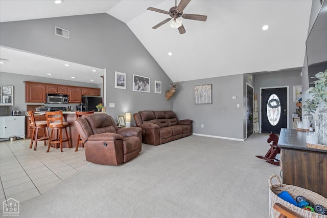 2105 Quarry Cv, Jonesboro, AR 72404 - living area with high vaulted ceiling, a ceiling fan, light colored carpet, recessed lighting, and baseboards