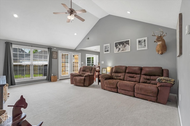 2105 Quarry Cv, Jonesboro, AR 72404 - carpeted living room with a ceiling fan, recessed lighting, healthy amount of natural light, and high vaulted ceiling
