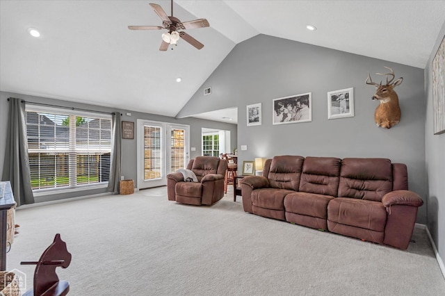2105 Quarry Cv, Jonesboro, AR 72404 - carpeted living room featuring a ceiling fan, recessed lighting, plenty of natural light, high vaulted ceiling, and baseboards