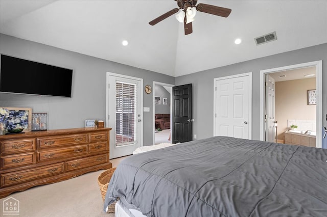 2105 Quarry Cv, Jonesboro, AR 72404 - carpeted bedroom with access to outside, vaulted ceiling, ceiling fan, recessed lighting, and connected bathroom