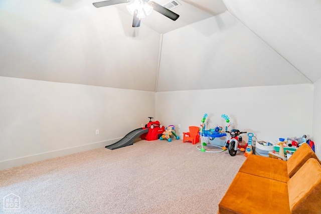 4049 Hwy 351, Jonesboro, AR 72405 - rec room with visible vents, lofted ceiling, ceiling fan, and carpet floors