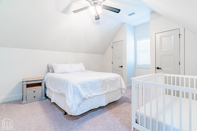 4049 Hwy 351, Jonesboro, AR 72405 - bedroom featuring carpet, baseboards, ceiling fan, visible vents, and vaulted ceiling