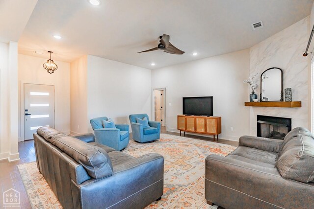 4049 Hwy 351, Jonesboro, AR 72405 - living room featuring wood finished floors, visible vents, recessed lighting, a fireplace, and ceiling fan