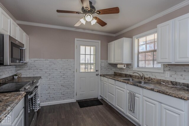 kitchen with a sink, ornamental molding, dark wood-style flooring, dark countertops, and stainless steel appliances
