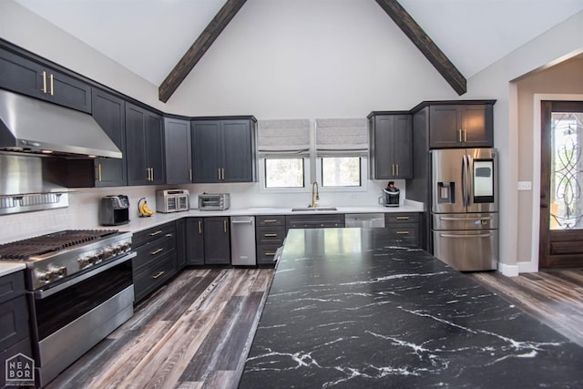 kitchen featuring under cabinet range hood, dark wood-style flooring, a sink, and appliances with stainless steel finishes
