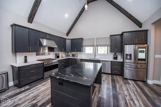 kitchen with baseboards, a sink, under cabinet range hood, dark stone counters, and stainless steel appliances