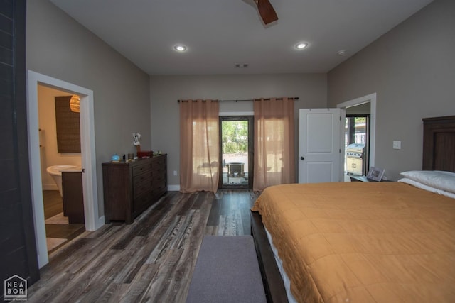 bedroom with ensuite bathroom, baseboards, dark wood-style flooring, recessed lighting, and access to exterior