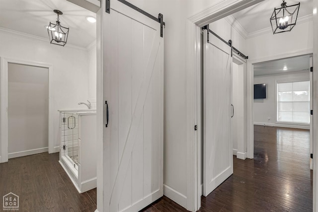 corridor featuring a chandelier, dark wood-type flooring, ornamental molding, and a barn door